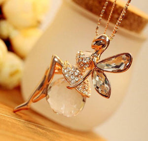 Ballet Crystal Fairy Angel Wing Dancing Pendant Chain Necklace
