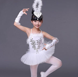 Girls White Ballet Costumes Little Swan Dance Tutu Skirt