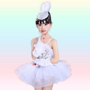 Girls White Ballet Costumes Little Swan Dance Tutu Skirt